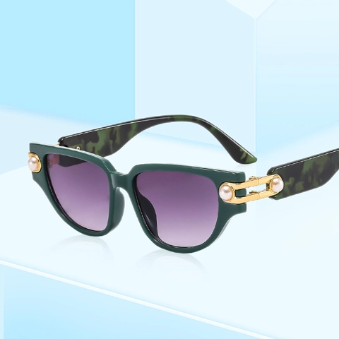 Retro Cat Eye Sunglasses Women Artificial Pearl Decor Hollow Metal Hinge UV400 Protection Square Frame Vintage Fashion Eyewear