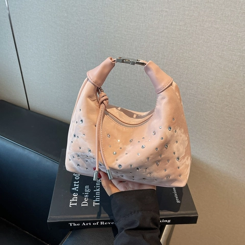 Borsa A Spalla Hobo Da Donna Pelle PU Strass Scintillante Mezzaluna Borsa Tracolla Regolabile Trendy Y2K