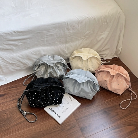 Rhinestone Pleated Cloud Bag PU Leather Chain Strap Crossbody Shoulder Handbag Elegant Evening Party For Women