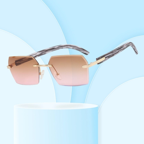 Rimless Geometric Sunglasses Luxury Square Gradient PC Lens UV400 Metal Wood Grain Pattern Temples Vintage Fashion