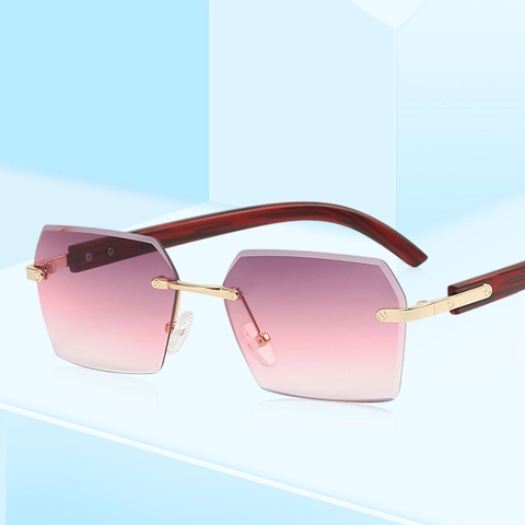 Rimless Geometric Sunglasses Luxury Square Gradient PC Lens UV400 Metal Wood Grain Pattern Temples Vintage Fashion