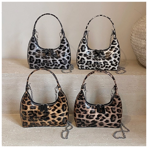 Borsa Hobo Con Stampa Leopardata Vintage In Pelle PU Verniciata Borsa Sottobraccio Con Catena In Metallo Per Donna