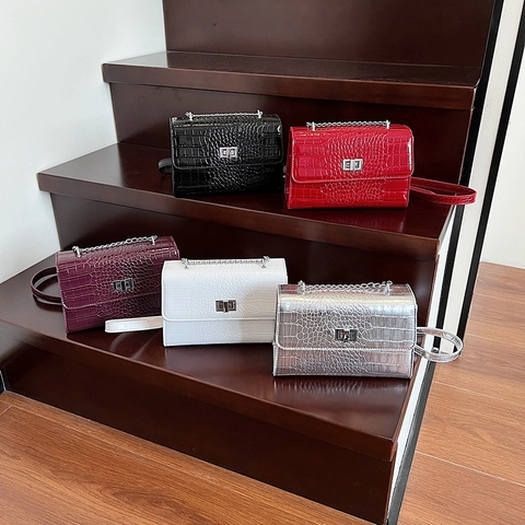 Crocodile Pattern PU Leather Crossbody Bag Chic Metal Chain Shoulder Bag Small Square Handbag Silver Twist Lock Women