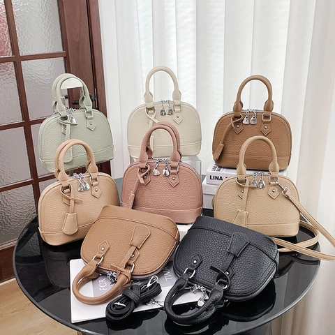 Vintage Shell Dome Handbag Litchi Texture PU Leather Secure Zipper Crossbody Bag With Adjustable Strap For Women