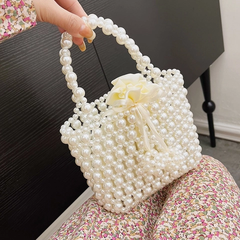 Handmade Artificial Pearl Beaded Handbag Faux Artificial Pearl Woven Shoulder Bag With Satin Drawstring Inner Pouch Elegant French Style For Women