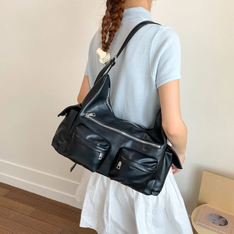 Women PU Leather Shoulder Bag Multi Pocket Crossbody Bag Solid Color Hobo Bag Adjustable Strap Utility Tote Bag For Daily Commuting
