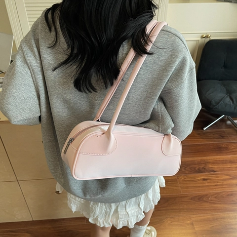 Bolso de Axila de Cuero PU Retro para Mujer Color Sólido Gran Capacidad Bolso de Hombro Con Cremallera Bolso Brillante