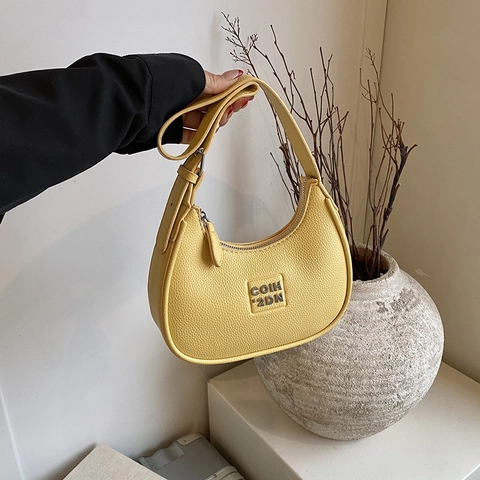 Bolso de Axila Minimalista de Cuero PU para Mujer Textura de Litchi Bolso de Hombro Media Luna Color Sólido Moda Coreana Cremallera