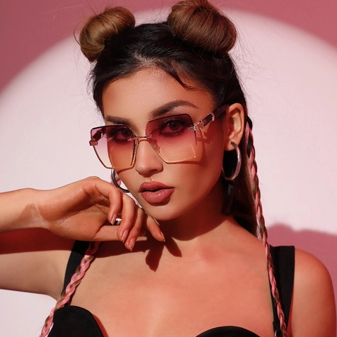 Rimless Square Sunglasses Oversized Gradient Lens Metal Frame UV400 Protection Fashion Retro Trendy Eyewear For Women