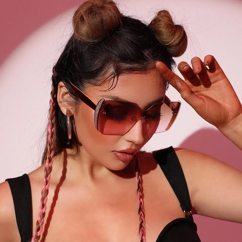 Oversized Rimless Sunglasses For Women PC Gradient Lens UV400 Protection Trendy Sparkly Glitter Trim Modern Fashion