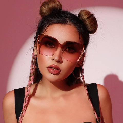 Oversized Rimless Sunglasses For Women PC Gradient Lens UV400 Protection Trendy Sparkly Glitter Trim Modern Fashion