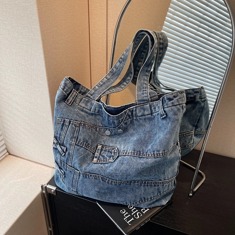 Vintage Denim Tote Bag Μεγάλη Χωρητικότητα Πλυμένη Τσάντα Ώμου Jeans Για Γυναίκες Άνδρες Streetwear Patchwork Τσάντα Αγορών