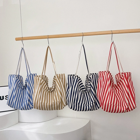 Sac Cabas En Toile Rayée Grande Capacité Sac Seau Décontracté Sac À Main À Bandoulière Pour Femme Quotidien