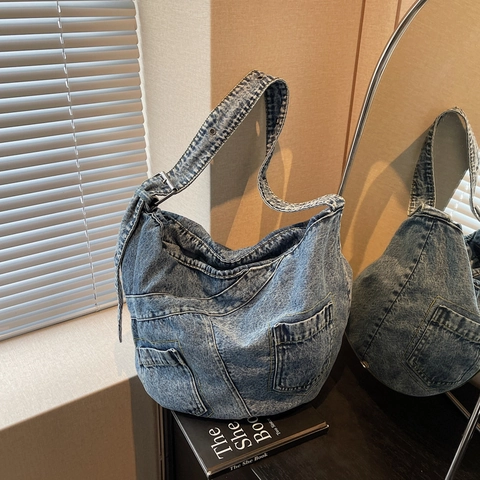 Große Kapazität Denim Schultertasche Für Damen Vintage Hobo Umhängetasche Mit Kontrastnähten Multi Taschen Pendler Tasche
