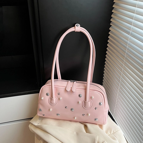Vintage Künstliche Perle Stern Niete PU Leder Schultertasche Für Damen Große Kapazität Retro Unterarm Handtasche Modische Pendler Tote