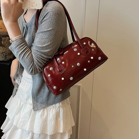 Bolso De Axila Para Mujer Cuero PU Perla Artificial Estrella Sol Remache Decoración Bolso De Hombro Doble Cremallera Retro Baguette