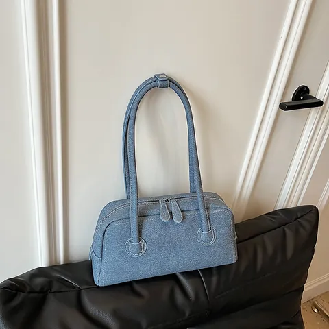 Women Denim Boston Bag Solid Color Large Capacity Casual Shoulder Crossbody Bag Retro Bowling Bag Urban Simple Style