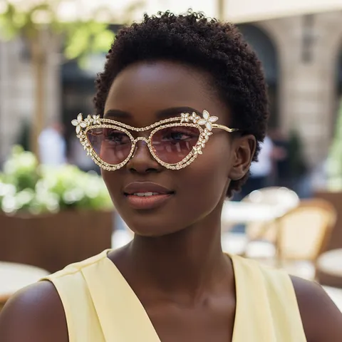 Lunettes De Soleil Yeux De Chat Luxe Pour Femmes Strass Cadre Papillon Fleur Métal UV400 Mode Y2K Lunettes
