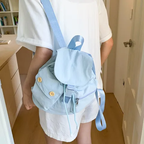 Women Fashion Nylon Backpack Casual Small School Bag With Drawstring Flap For Students Teenagers Travel Daily Light Backpack