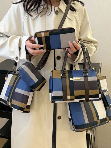 Plaid Pattern Women Handbag Shoulder Bag Tote Wallet Purse Clutch Card Holder PU Leather Geometric Color Block Large Capacity