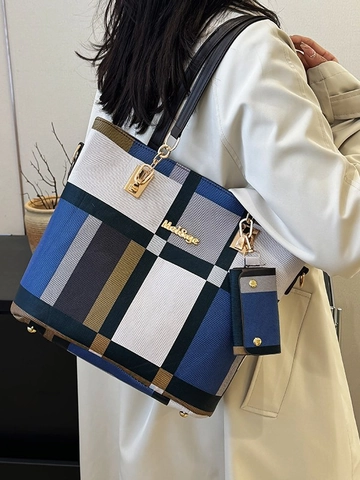 Plaid Pattern Women Handbag Shoulder Bag Tote Wallet Purse Clutch Card Holder PU Leather Geometric Color Block Large Capacity