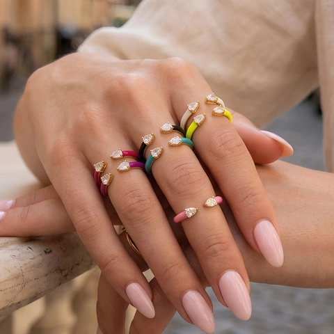 Mode Kupfer Vergoldet Offener Ring Mit Tränenform Zirkonia Bunte Emaille Verstellbarer Fingerring Schmuck Geschenk Für Damen