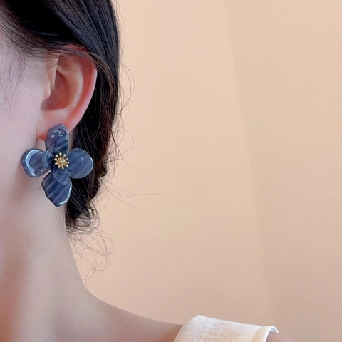 Double Layer Flower Stud Earrings Acrylic Resin Petal Metal Stamen Rhinestone French Retro Sweet Elegant For Women