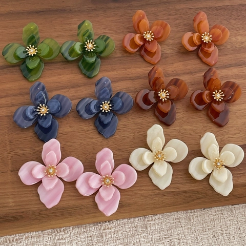 Double Layer Flower Stud Earrings Acrylic Resin Petal Metal Stamen Rhinestone French Retro Sweet Elegant For Women