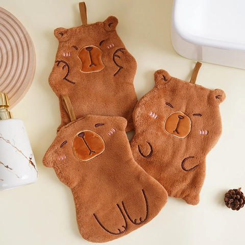 Cartoon Bear Hand Towel Coral Fleece Super Absorbent Hanging Loop Kitchen Bathroom Soft Plush Animal Shape