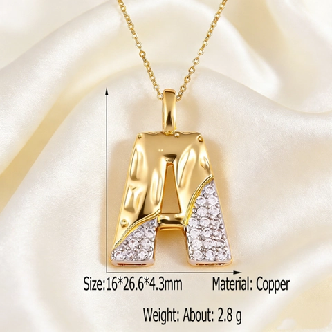 Collana Lettera Iniziale Rame Placcato Oro Zirconia Due Toni Texture Alfabeto Pendente Gioielli Donna Regalo