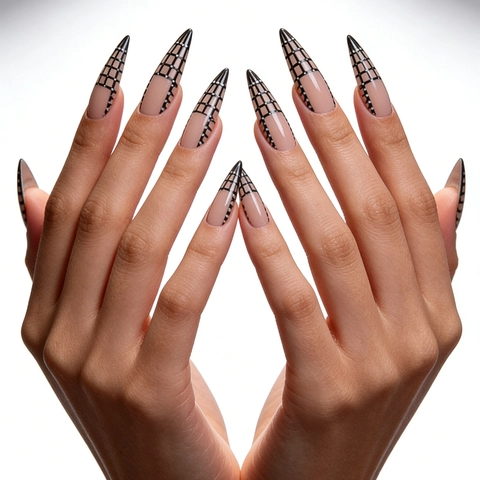 Unghie Finte Stiletto Lunghe Motivo A Scacchi Nude Rosa Nero Bianco Pois Moda Sexy Unghie Artificiali