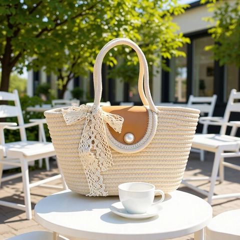 Woven Straw Shoulder Bag Women Cotton Rope Handbag Artificial Pearl Button Leather Flap Lace Ribbon Vacation Beach Bucket Tote