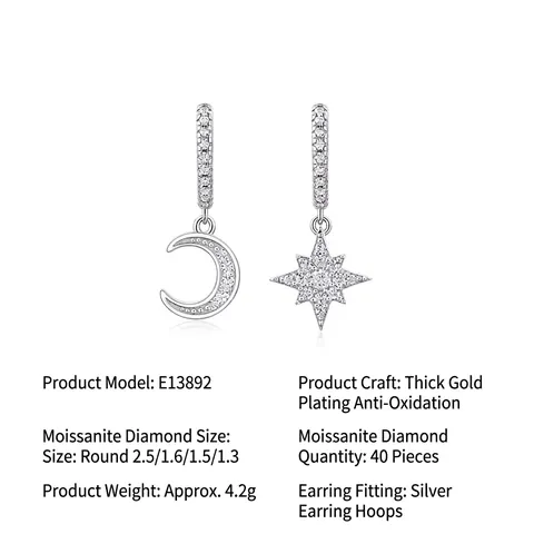 925 Sterling Silver Moissanite Star Moon Hoop Earrings For Women Asymmetric Drop Earrings With GRA Certificate Jewelry