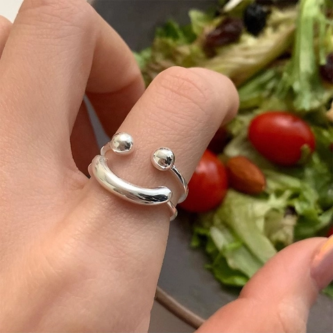 925 Sterling Silver Smiley Face Double Layer Open Ring For Women Minimalist Adjustable Polished Finger Ring Fashion Jewelry Gift