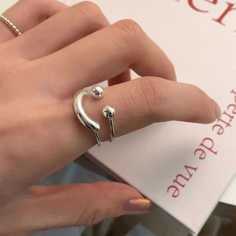 925 Sterling Silver Smiley Face Double Layer Open Ring For Women Minimalist Adjustable Polished Finger Ring Fashion Jewelry Gift