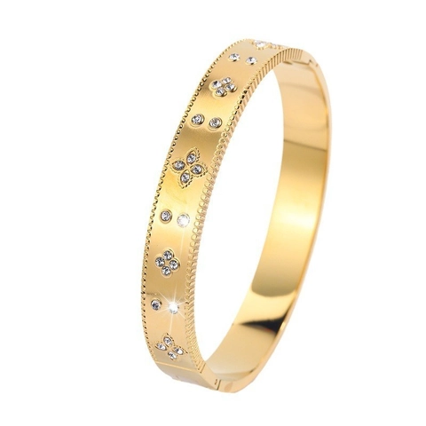 Women Luxury Four Leaf Clover Bangle Bracelet Gold Plated Stainless Steel Rhinestone Encrusted Hinged Wide Elegant Jewelry