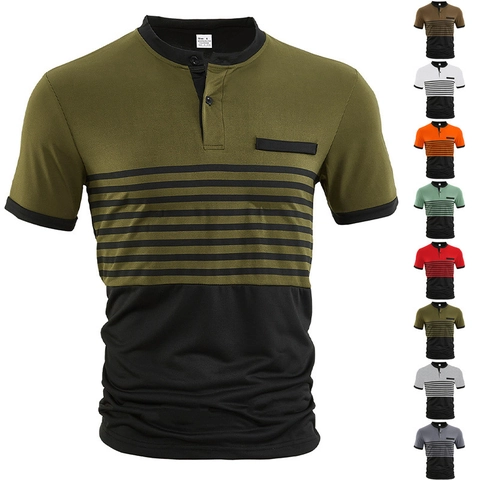 Hommes Color Block Henley Chemise Rayé Manches Courtes Business Casual Bouton Hauts Poche Polyester Elasthanne