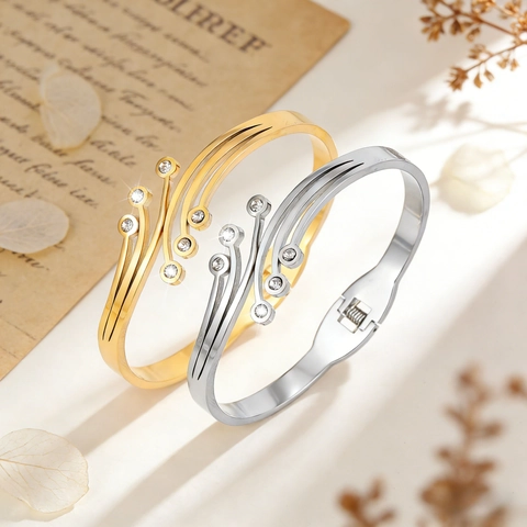 Minimalistisch Edelstahl Mehrlagig Strass Offener Armreif Für Damen Mode Luxus Eingelegter Klapparmreif Schmuck