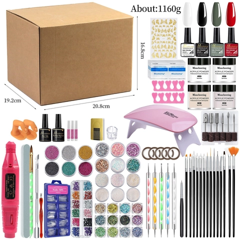 Forniture Nail Art Con Lampada LED UV Fresa Elettrica Smalto Gel Polvere Acrilica Paillettes Pennelli Per Manicure Fai Da Te