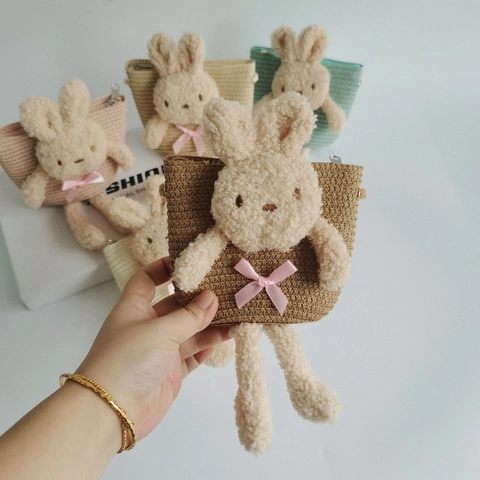 Süße Kinder Mini Stroh Gewebte Umhängetasche 3D Plüsch Hase Bär Cartoon Geldbörse Für Mädchen Sommer Strand Reise Geschenk Tasche