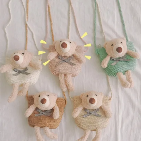 Kids Cartoon Straw Woven Crossbody Bag Plush Bear Rabbit Decorative Lightweight Beach Shoulder Purse