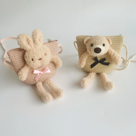 Kids Cartoon Straw Woven Crossbody Bag Plush Bear Rabbit Decorative Lightweight Beach Shoulder Purse