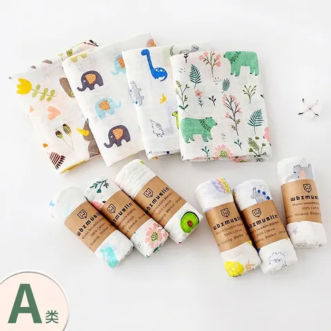 Baby Muslin Swaddle Blanket Soft Cotton Breathable Receiving Stroller Cover Cartoon Print For Infants Newborns