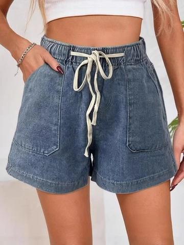 Short En Jean Femme Taille Élastique Cordon Taille Haute Coton Grandes Poches Décontracté Coupe Droite Lavé Style Rétro