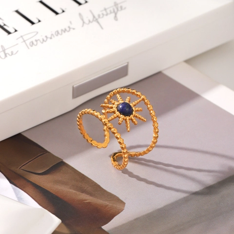 Stainless Steel Sunburst Ring With Blue Lapis Lazuli Layered Beaded Band Open Adjustable 18K Gold Plated Women