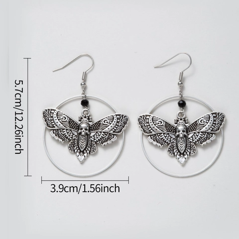 Gothic Death Moth Skull Dangle Earrings Antique Silver Alloy Large Round Ring Hook Jewelry For Women Punk Vintage Style
