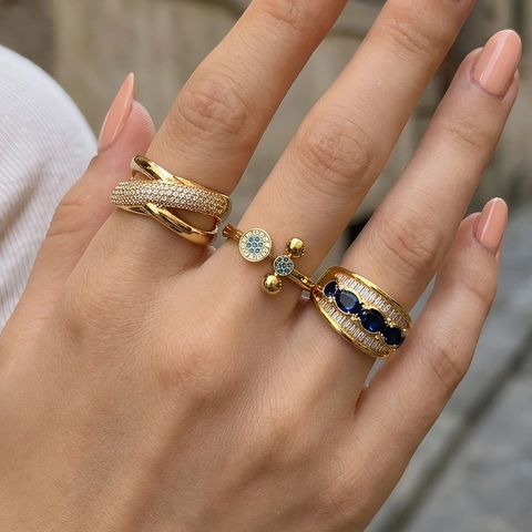 Lussuoso Anello Aperto a Forma di X in Rame e Zirconia per Donna Placcato Oro 18K Croce Regolabile Geometrico Pietra Blu Gioielli