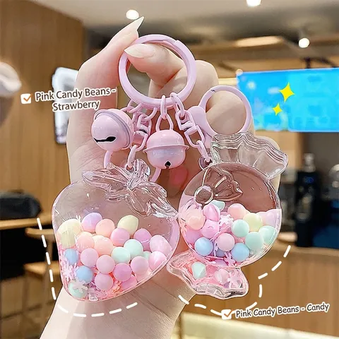Portachiavi Pendente Sabbie Mobili Rosa Carino Acrilico Trasparente Frutta Fiore Lecca Lecca Con Campanellino Per Borsa Regalo