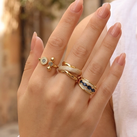 Lussuoso Anello Aperto a Forma di X in Rame e Zirconia per Donna Placcato Oro 18K Croce Regolabile Geometrico Pietra Blu Gioielli