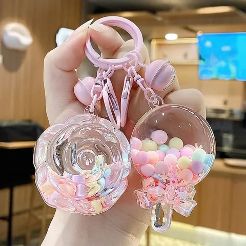 Portachiavi Pendente Sabbie Mobili Rosa Carino Acrilico Trasparente Frutta Fiore Lecca Lecca Con Campanellino Per Borsa Regalo